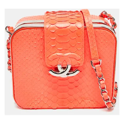 Chanel Neon Orange Quilted Python Mini CC Box Camera Bag