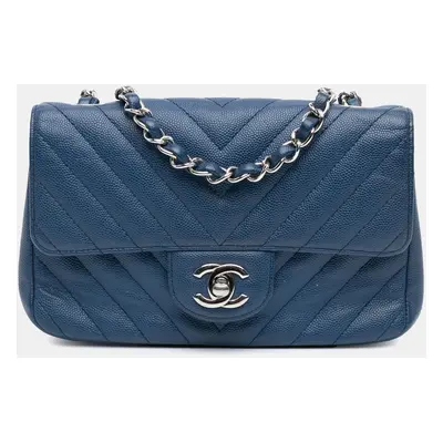 Chanel Blue Mini Rectangular Classic Chevron Caviar Single Flap