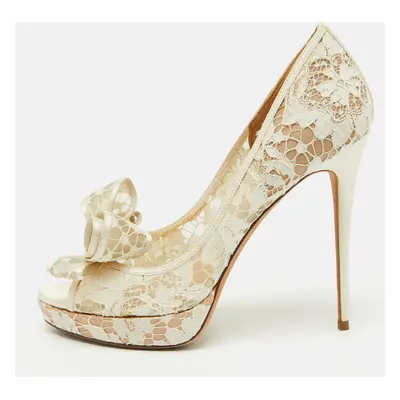 Valentino White Lace and Satin Double Bow Platform Pumps Size