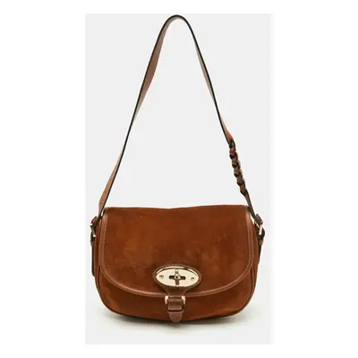 Mulberry Brown Suede and Leather Braided Accent Flap Crossbody Bag