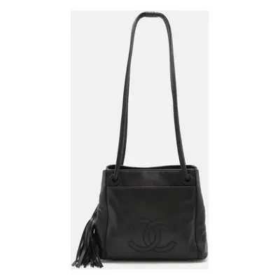 Chanel Black Leather Coco Mark Tassel Fringe Shoulder Bag