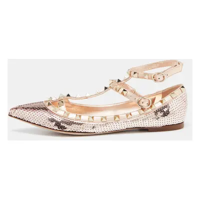 Valentino Gold Sequins and Leather Rockstud Ballet Flats Size 37.5