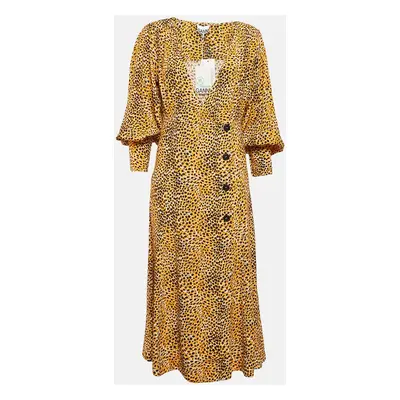 Ganni Yellow Leopard Print Crepe Buttoned Midi Dress