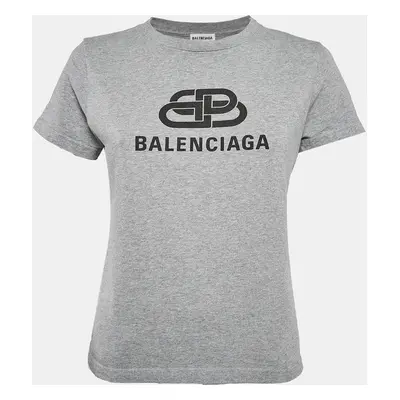 Balenciaga Grey Logo Print Cotton Short Sleeve T-Shirt