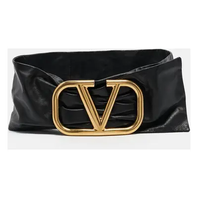 Valentino Black Leather Pleated Vlogo Wide Belt 85CM