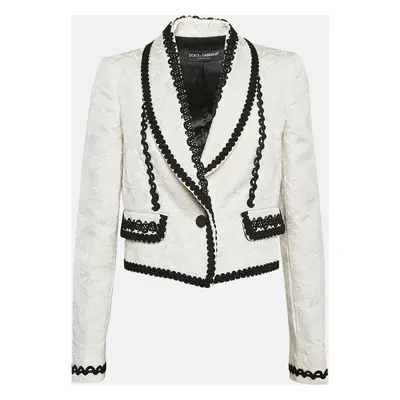 Dolce & Gabbana White Brocade Lace Trim Cropped Blazer