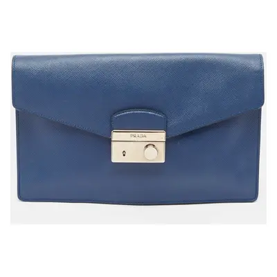 Prada Blue Saffiano Lux Leather Sound Clutch