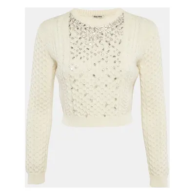 Miu Miu Cream Crystal Embellished Cable Knit Sweater