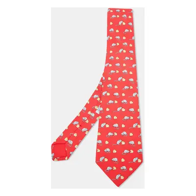 Hermès Red Mouse and Cheese Print Silk Classic Tie