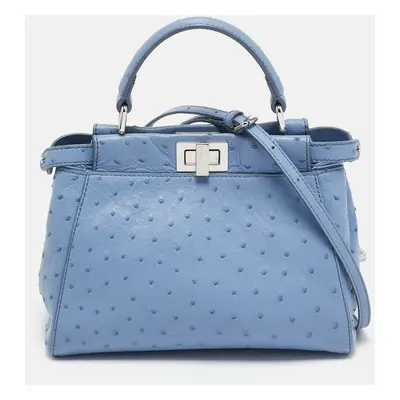 Fendi Blue Ostrich Leather Mini Peekaboo Top Handle Bag