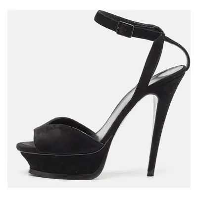 Saint Laurent Black Suede Ankle Strap Platform Sandals Size 37.5