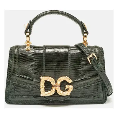 Dolce & Gabbana Green Lizard Embossed Leather Mini DG Amore Top Handle Bag