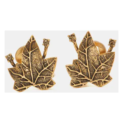 Oscar de la Renta Crystal Gold Tone Leaf Motif Clip-on Earrings