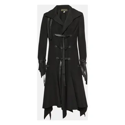 Versace Black Wool Leather Strap Detail Flared Coat