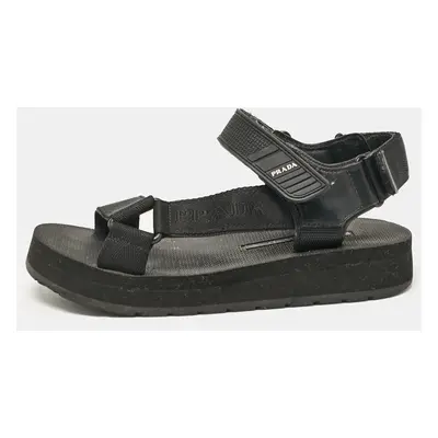 Prada Black Leather and Canvas Ankle Strap Flat Sandals Size