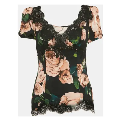 Dolce & Gabbana Black Rose Print Lace Trim Crepe Top