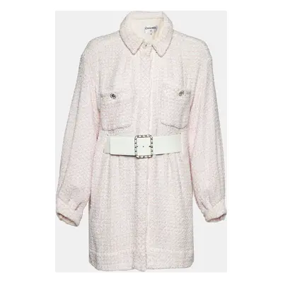 Chanel Pink/White Tweed Belted Jacket