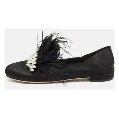 Miu Miu Black Satin Feather Crystal Embellished Smoking Slippers Size 38.5