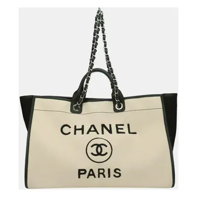 Chanel Black, Cream Wool and Leather Deauville Tote Bag