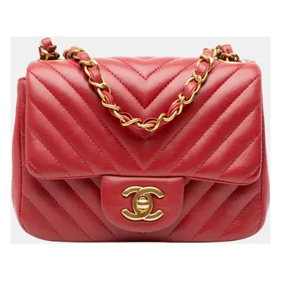 Chanel Red Mini Square Classic Chevron Lambskin Single Flap