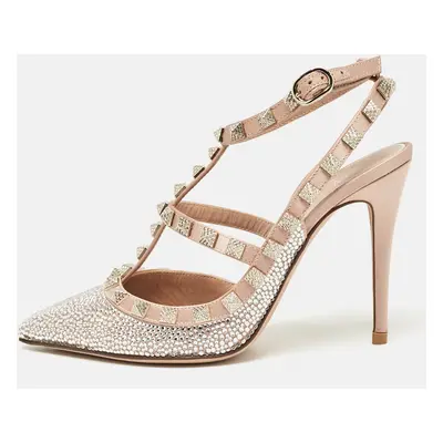 Valentino Beige/Silver Satin and Crystals Rockstud Pumps Size