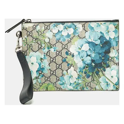 Gucci Blue/Beige GG Supreme Canvas and Leather Blooms Wristlet Pouch