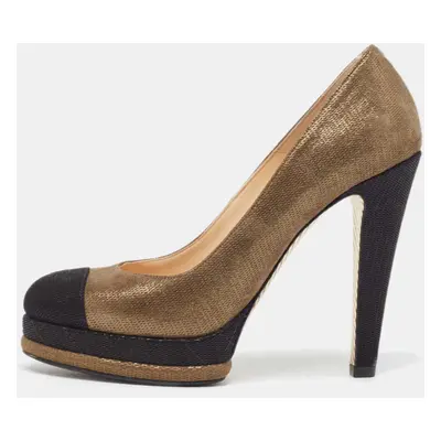 Chanel Metallic Olive Green/Black Textured Suede CC Platform Pumps Size