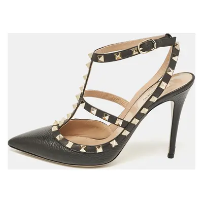 Valentino Black Leather Rockstud Ankle Strap Cage Sandals Size