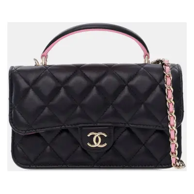 Chanel Black Lambskin Small Quilted Phone Holder with Chain