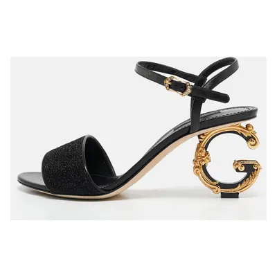 Dolce & Gabbana Black Leather and Lurex Keira DG Baroque Sandals Size