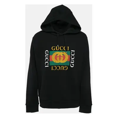 Gucci Black Vintage Print Cotton Knit Distressed Hoodie