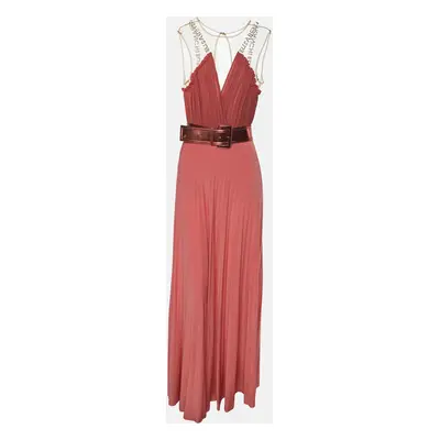 Elisabetta Franchi Coral Pink Knitted Fabric Belted Maxi Dress