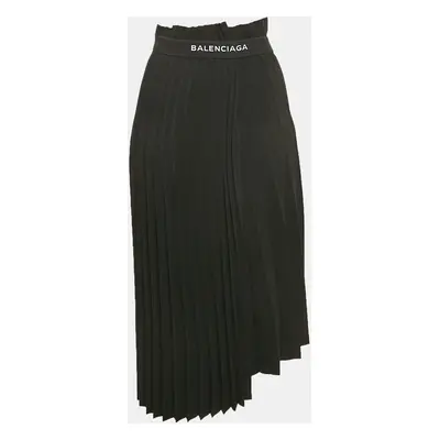 Balenciaga Black Plisse Raw Edge Faux Wrap Midi Skirt