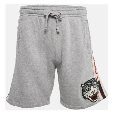 Gucci Grey Tiger Applique Cotton Knit Logo Tape Detail Shorts