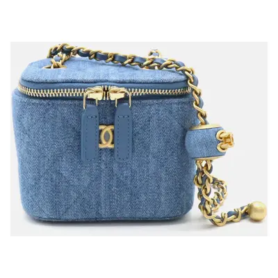 Chanel Blue Canvas Denim Matelasse Small Vanity Bag