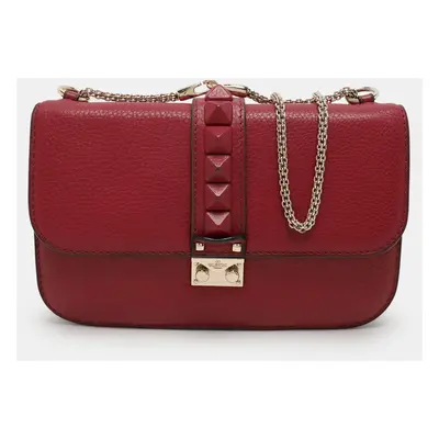 Valentino Burgundy Leather Rockstud Glam Lock Flap Bag