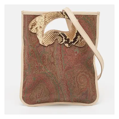 Etro Brown Paisley Print Coated Canvas, Python Embossed and Leather Slim Crossbody Bag