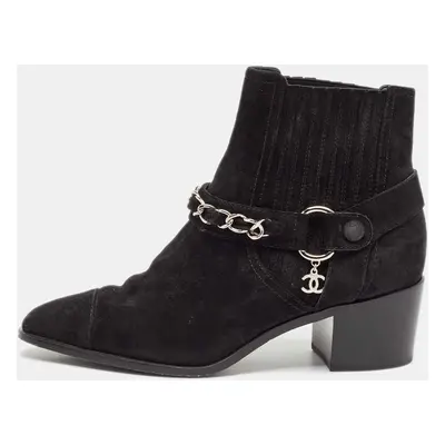 Chanel Black Suede CC Chain Detail Block Ankle Boots Size