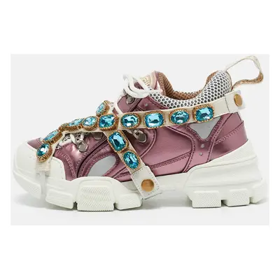 Gucci Metallic Pink Leather and Mesh Flashtrek Sneakers Size