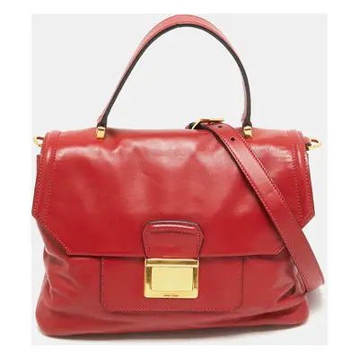 Miu Miu Red Vetello Soft Leather Push Lock Flap Top Handle Bag