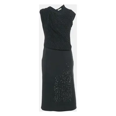 Bottega Veneta Black Wool & Patterned Knit Sleeveless Midi Dress