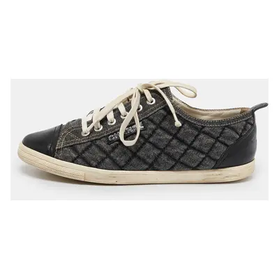 Chanel Grey/Black Quilted Pattern Leather Trim Embellishment Sneakers Size