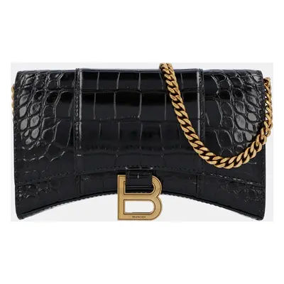 Balenciaga Black Crocodile Embossed Hourglass Wallet on Chain