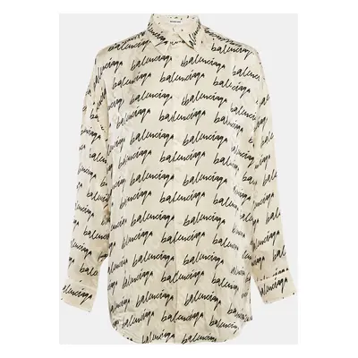 Balenciaga White Logo Print Jacquard Silk Button Front Blouse