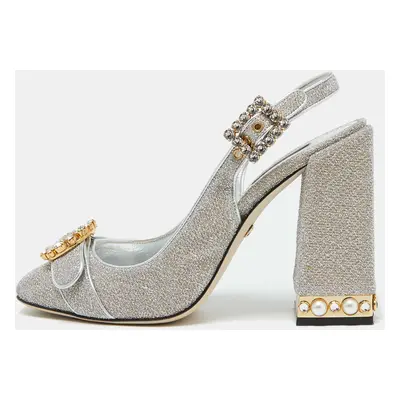 Dolce & Gabbana Silver Metallic Fabric Crystal Embellished Block Heel Pumps Size