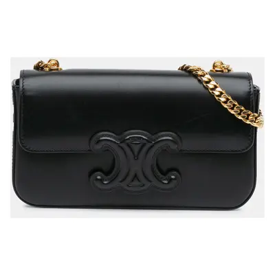 Celine Black Shiny Calfskin Triomphe Claude Chain Shoulder Bag