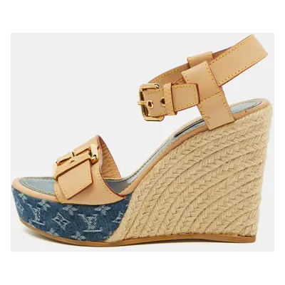 Louis Vuitton Beige/Blue Leather and Monogram Denim Espadrille Wedge Sandals Size 36.5