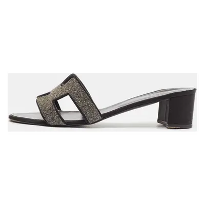 Hermes Silver/Black Glitter and Satin Oasis Slide Sandals Size