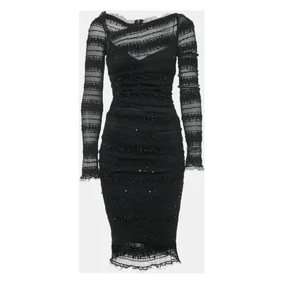 Dolce & Gabbana Black Sequin Tulle Ruched Midi Dress