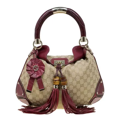 Gucci Beige/Red GG Canvas and Python Medium Indy Top Handle Bag